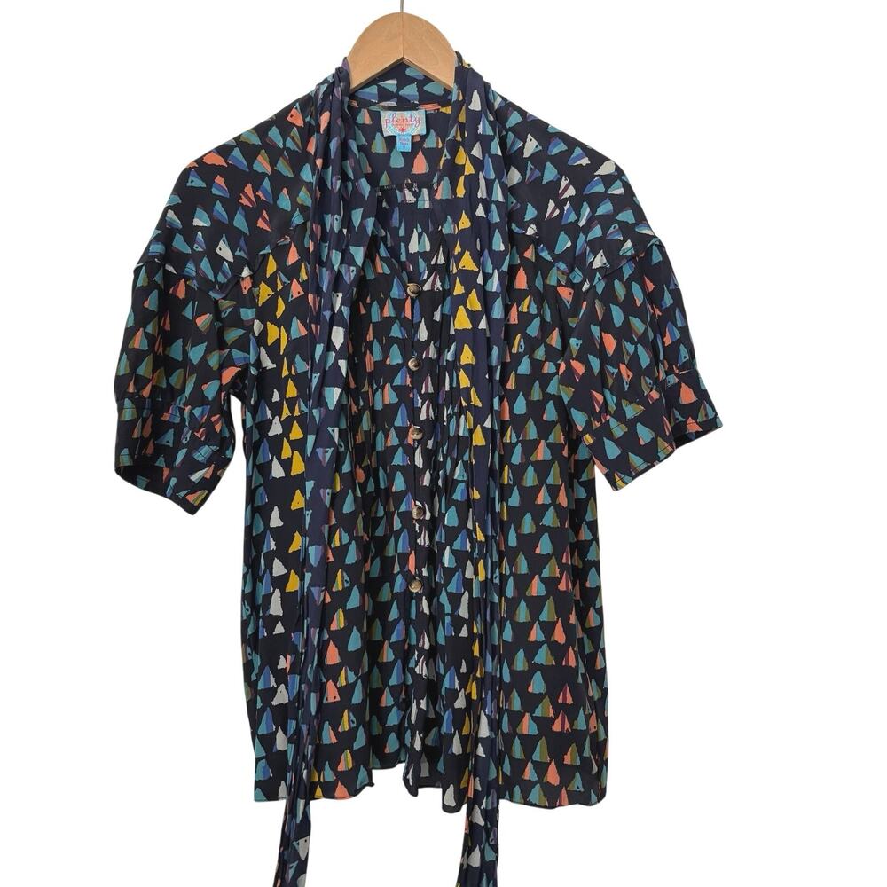 Plenty By Tracy Reese 100% Silk Short Sleeve Tie Neck Abstract Artsy Size Small